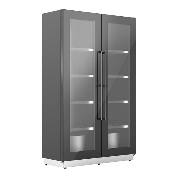 An Enofrigo Miami wine refrigerator with black and silver glass doors.