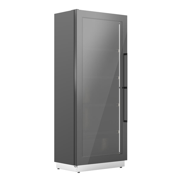 A black Enofrigo wine refrigerator with glass doors.