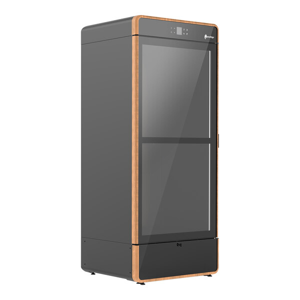 A black rectangular Enofrigo wine refrigerator with glass doors and light wood edges.