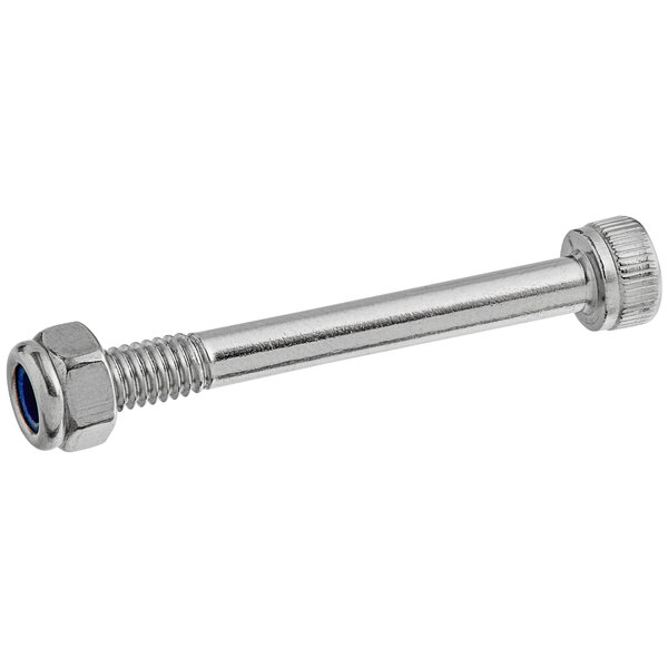 A close-up of a stainless steel metal rod with a blue screw on the end.