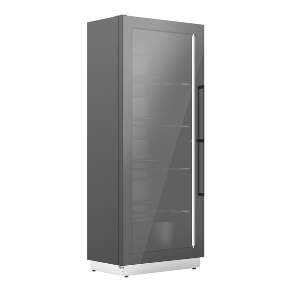 A brushed aluminum Enofrigo wine refrigerator with a glass door.