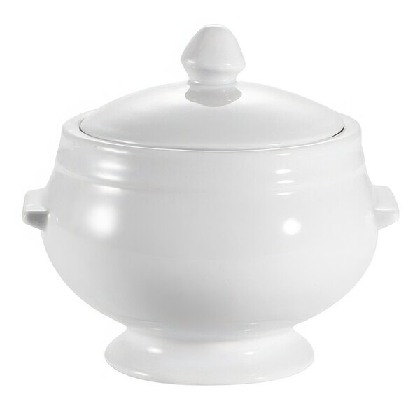 A case of white porcelain bouillon bowls with handles.