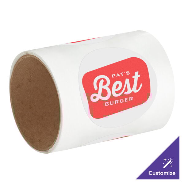 A white roll of Carnival King round vinyl labels with the words "best burger" on it.
