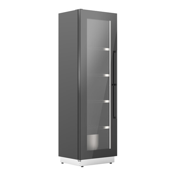 A black tall cabinet with glass doors.
