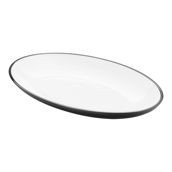 An oval white melamine platter with a black rim.