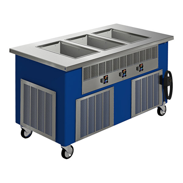 A Delfield FlexiWell mobile food well service counter on a blue and silver food cart.