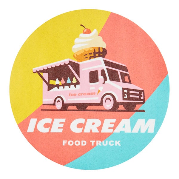 A white food truck with a round customizable sticker on the side that reads "Yeti" and has a Yeti logo.