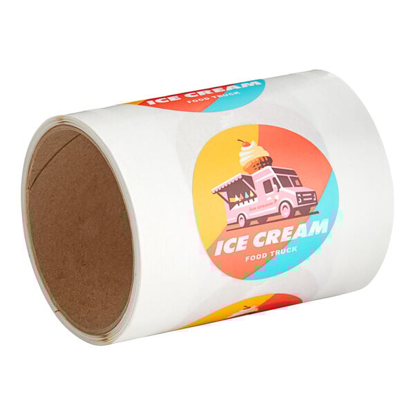 A roll of 50 customizable Yeti round vinyl stickers with a white background.