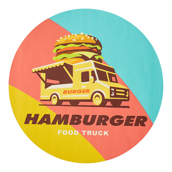 A white food truck with a yellow and black logo of a hamburger.