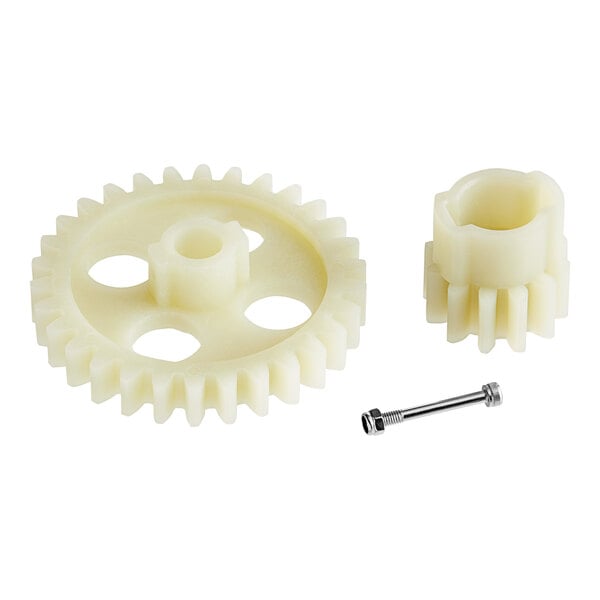 A Garde white plastic gear and metal bolt.