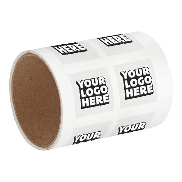 A roll of white vinyl labels with customizable black text.