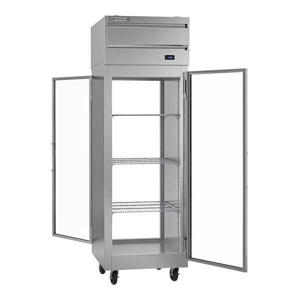 A silver Beverage-Air pass-through freezer with glass doors on a white background.