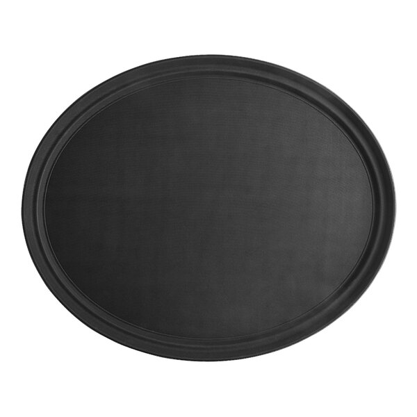 A black oval Carlisle GripLite non-skid serving tray.