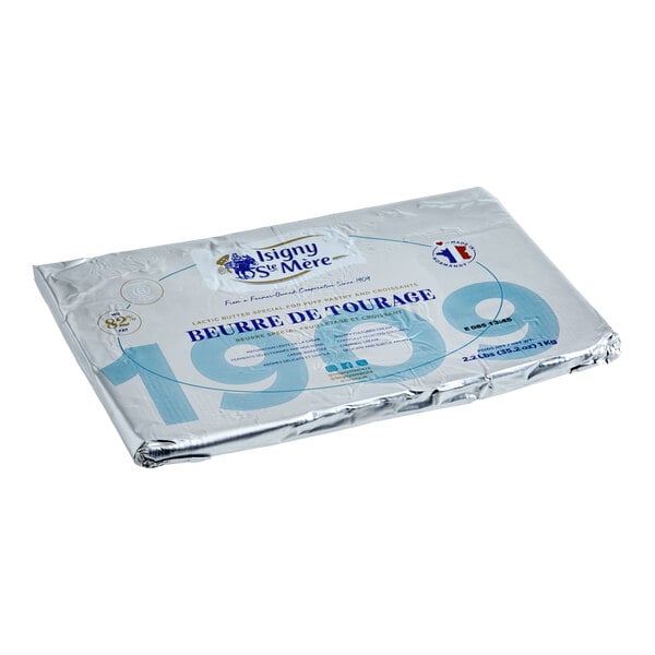 A rectangular package of Isigny Sainte-Mere unsalted lamination butter sheet with 82% butterfat, weighing 2.2 pounds.