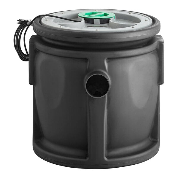 A black plastic container with a white lid.