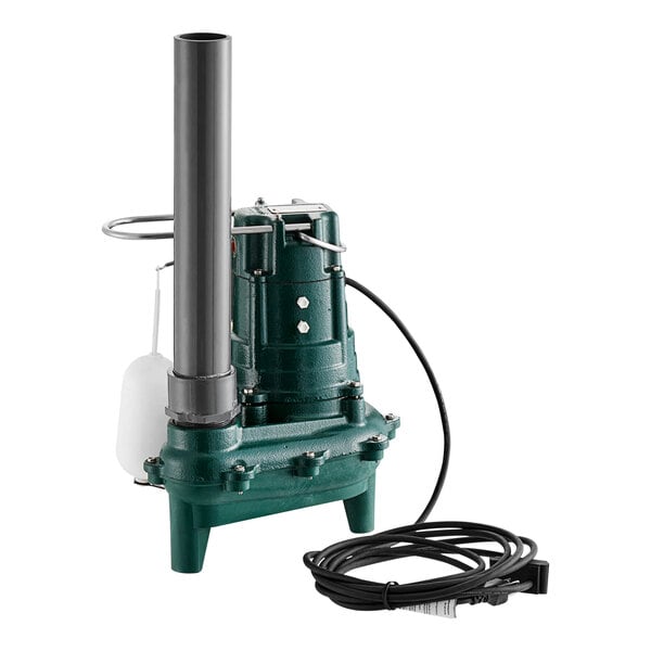 A green Zoeller sewage pump with a black cable and pipe attached.