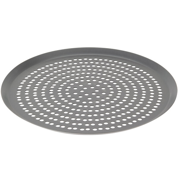 An American Metalcraft 15" round gray tray with holes.