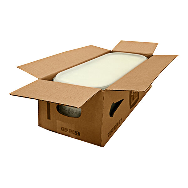 A white G.S. Gelato container with a lid open.