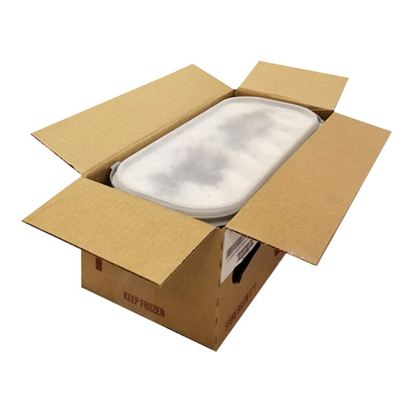 A white plastic container of G.S. Gelato Cookies and Cream Gelato in a box with a lid.