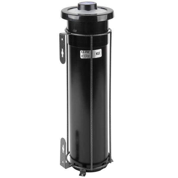 A black metal San Jamar EZ-Fit cup dispenser with a metal lid.