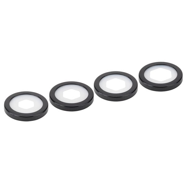 A row of black and white San Jamar EZ-Fit cup dispensers.