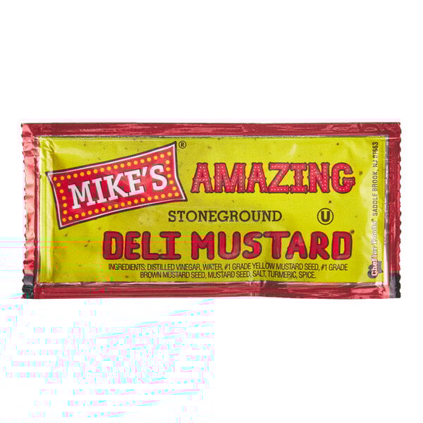 A yellow and red Mike's Amazing Stoneground Deli Mustard packet.