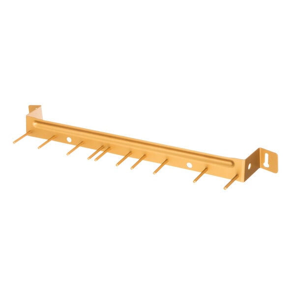 A yellow metal rack with six pegs.