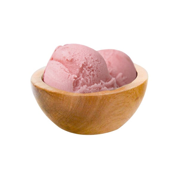 A bowl of G.S. Gelato strawberry sorbet with two scoops of pink ice cream.