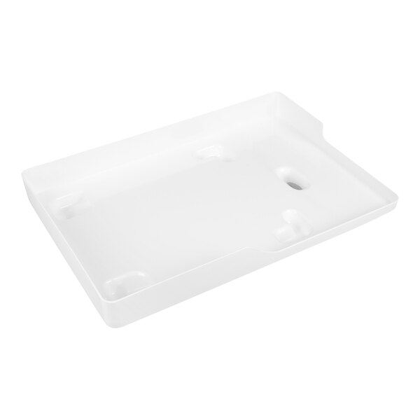 A white rectangular tray with raised edges and several indented sections on the bottom surface.