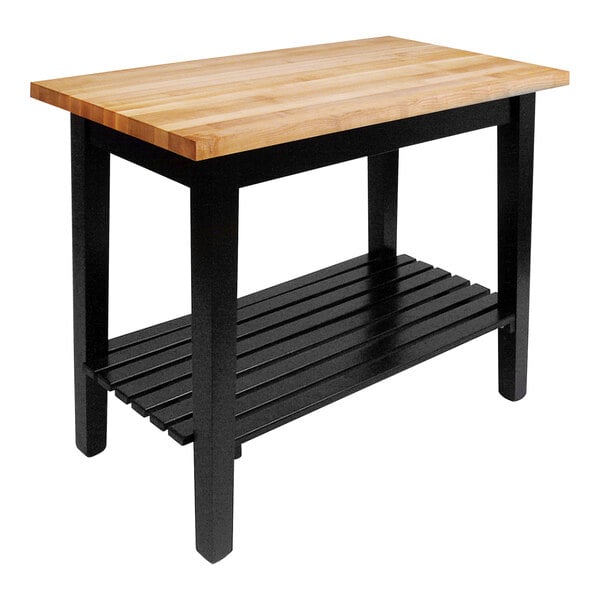A black maple work table with a wooden undershelf and drawer.