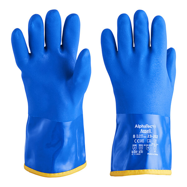 A pair of blue Ansell AlphaTec PVC gloves with yellow trim.