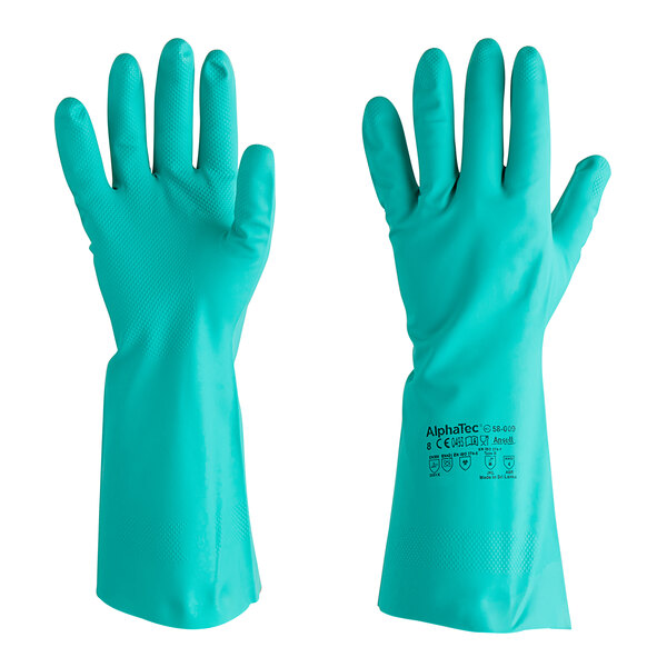 A pair of green Ansell AlphaTec dishwashing gloves with raised diamond grip on a white background.