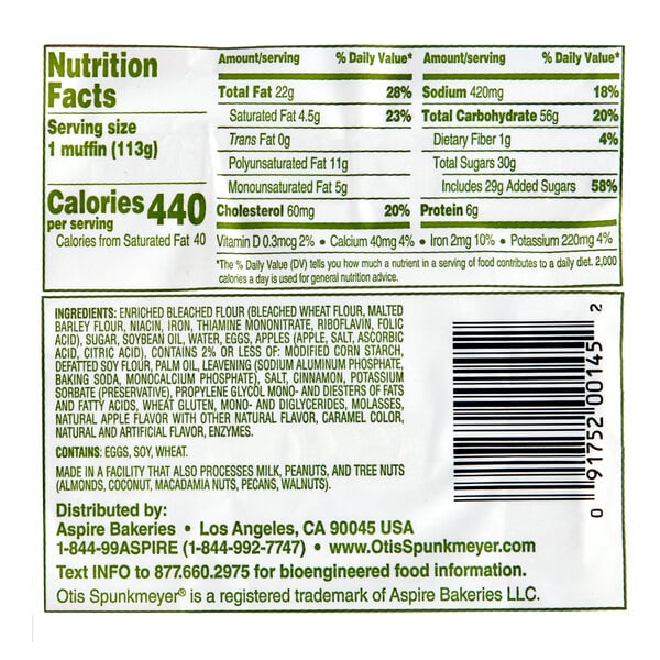 An Otis Spunkmeyer Individually Wrapped Apple Cinnamon Muffin nutrition label and ingredient list.