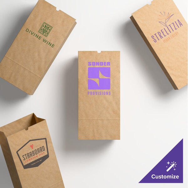 A set of customizable natural kraft paper bags with various printed logos and designs.