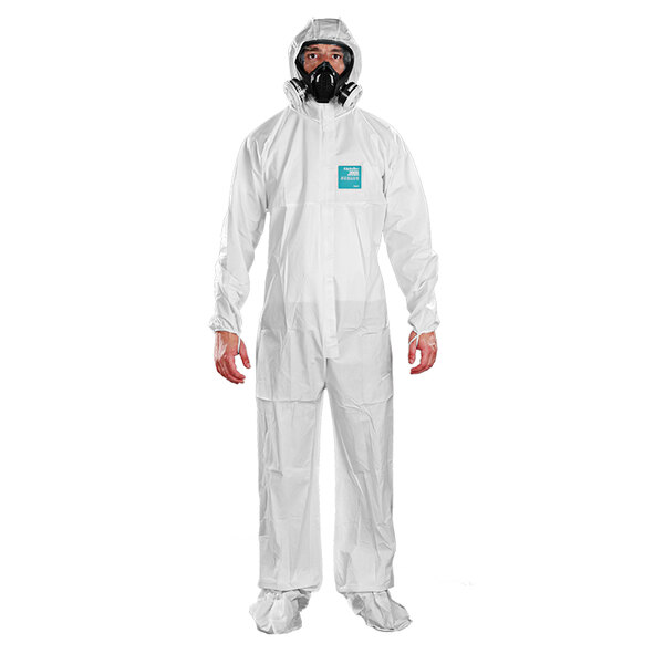 A man wearing a white Ansell AlphaTec protective suit.