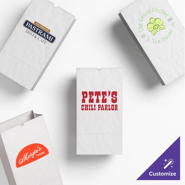 A set of customizable white paper bags with various business logos printed on them.