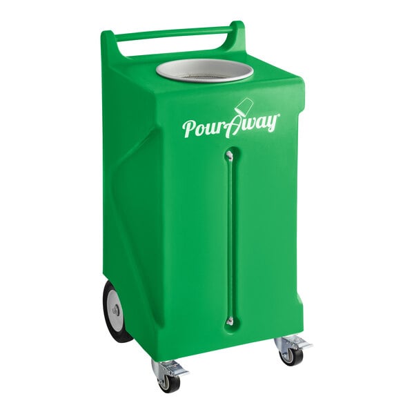 A green PourAway Cadet rectangular liquids disposal receptacle with wheels.