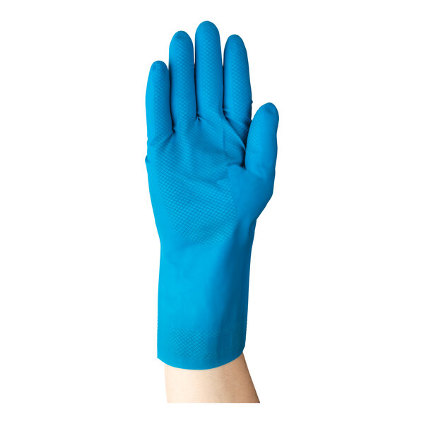 A blue natural latex rubber glove with a fish scale grip pattern, shown on a hand.