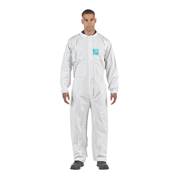 A person wearing a white Ansell AlphaTec coverall with blue accents.