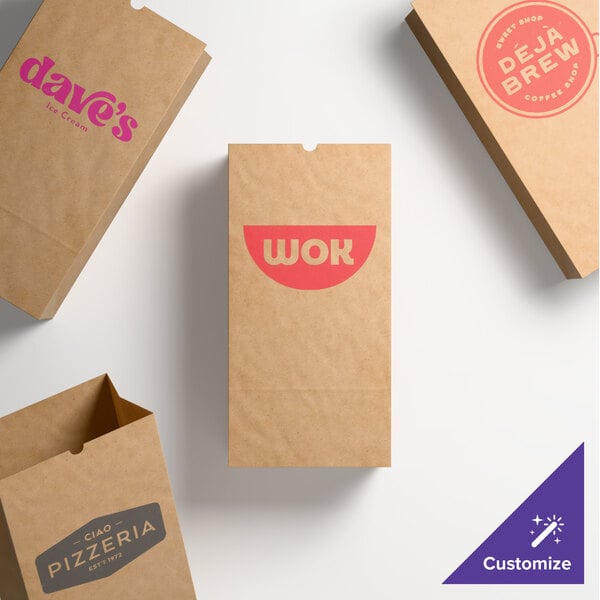 A selection of natural kraft paper bags with customizable printed logos.