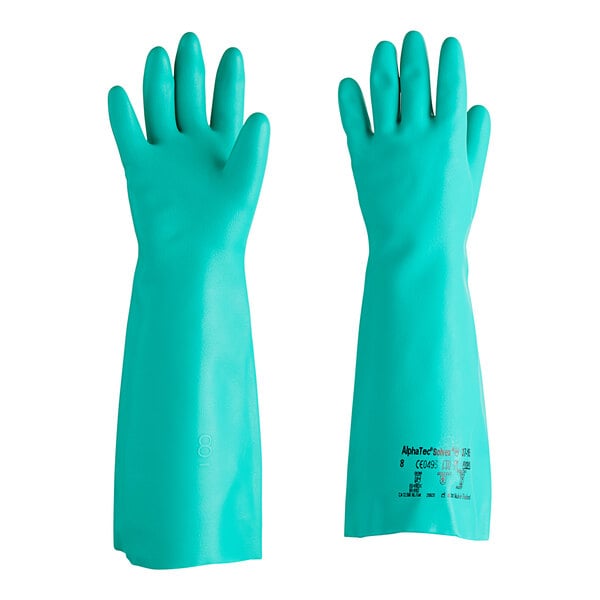 A pair of green Ansell AlphaTec Solvex rubber gloves.