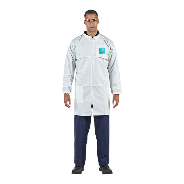 A person wearing a white Ansell AlphaTec lab coat.