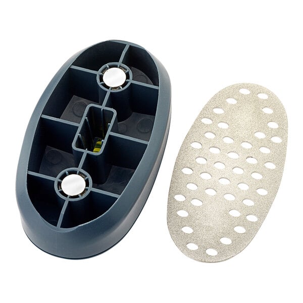A grey plastic oval pad with holes.