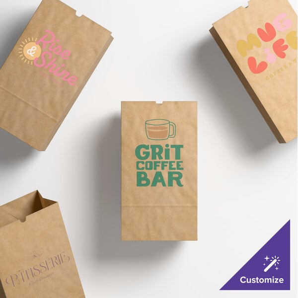 A set of natural kraft paper bags with customizable printed designs.