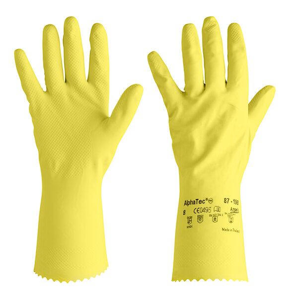 A yellow rubber glove with a fish scale grip and cotton flock lining.