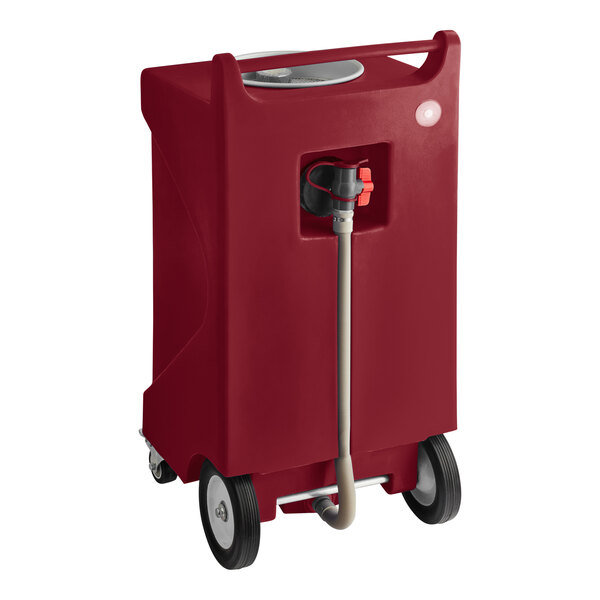A burgundy HDPE rectangular PourAway liquids disposal receptacle with wheels and a hose.