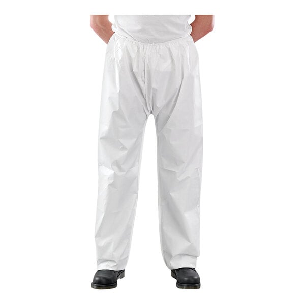 A person wearing white Ansell AlphaTec protective trousers.