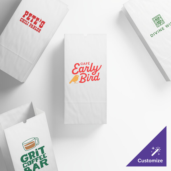 A white paper bag with customizable printed designs for businesses.