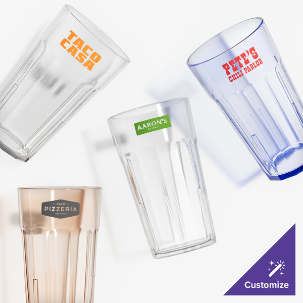 A group of Cambro amber plastic tumblers with red custom text.