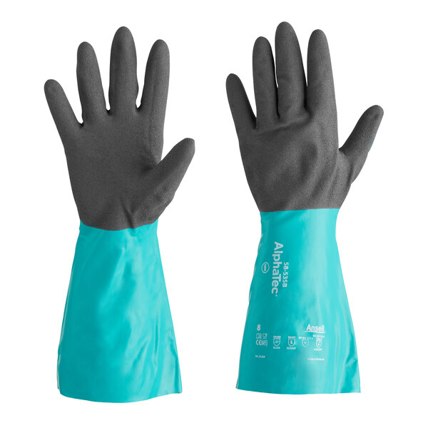 A pair of Ansell green and gray gloves with black sleeves.